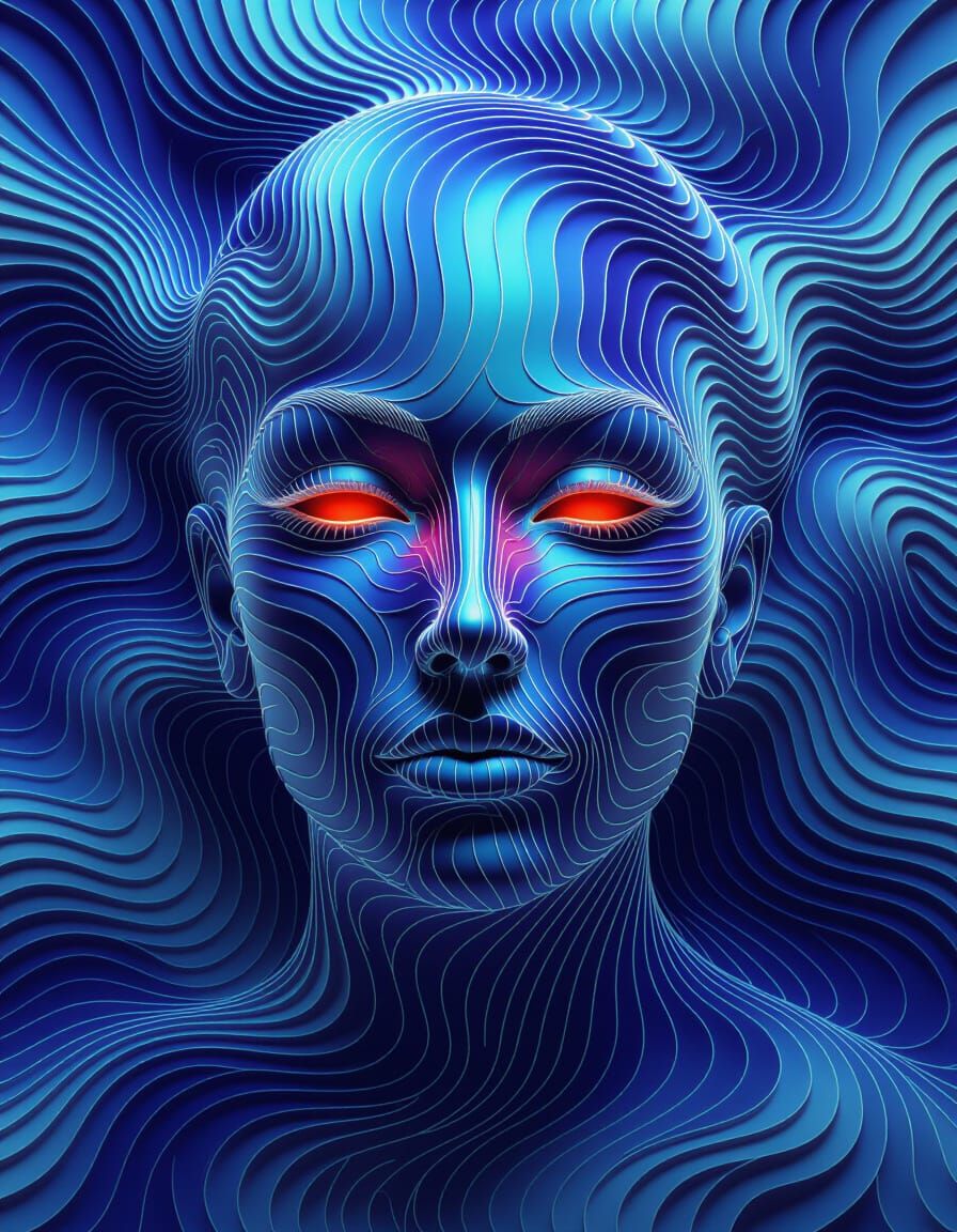 Abstract Face Sculpture of Flowing Ribbons in Rainbow Colors