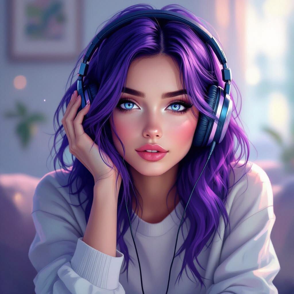 Woman with Purple-Blue Hair Listening to Music in Ambient Gl...