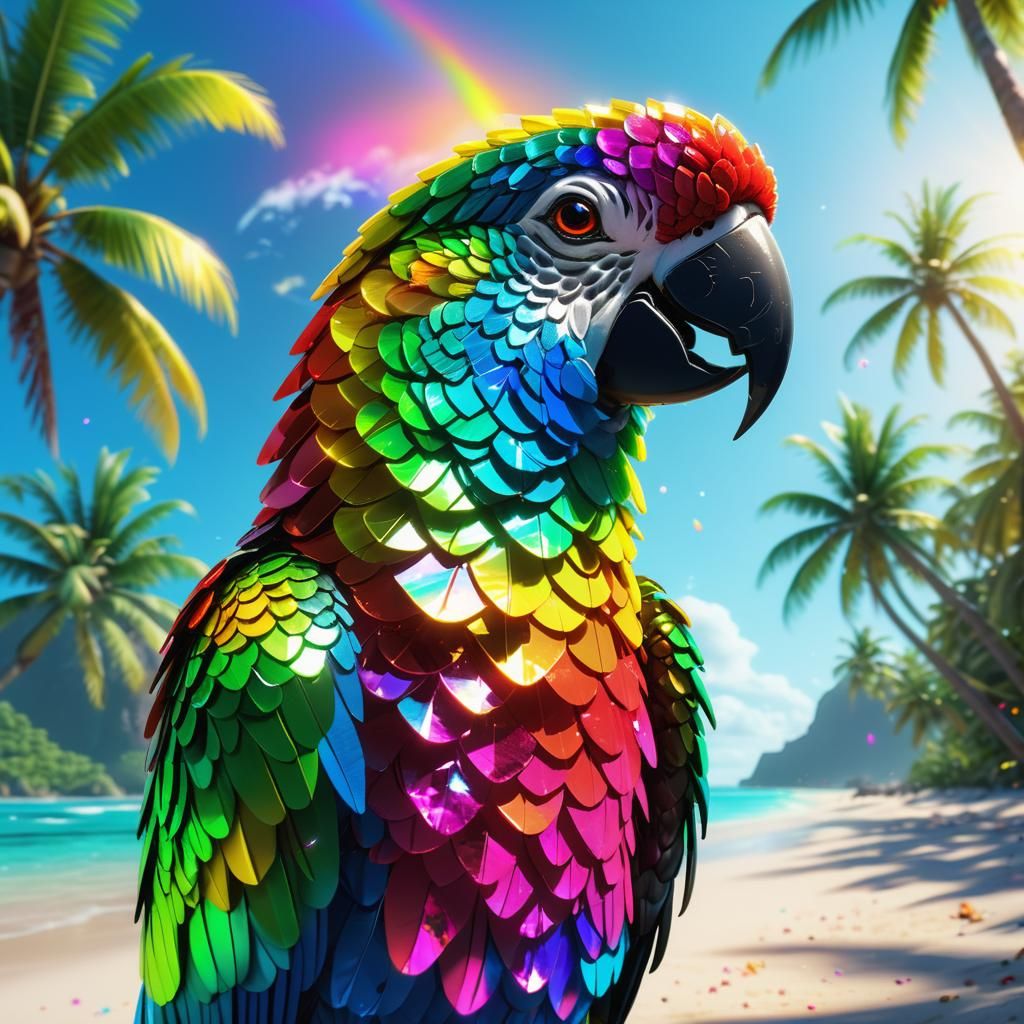 Crystal Parrot on Perfect Beach in Luminous Colors