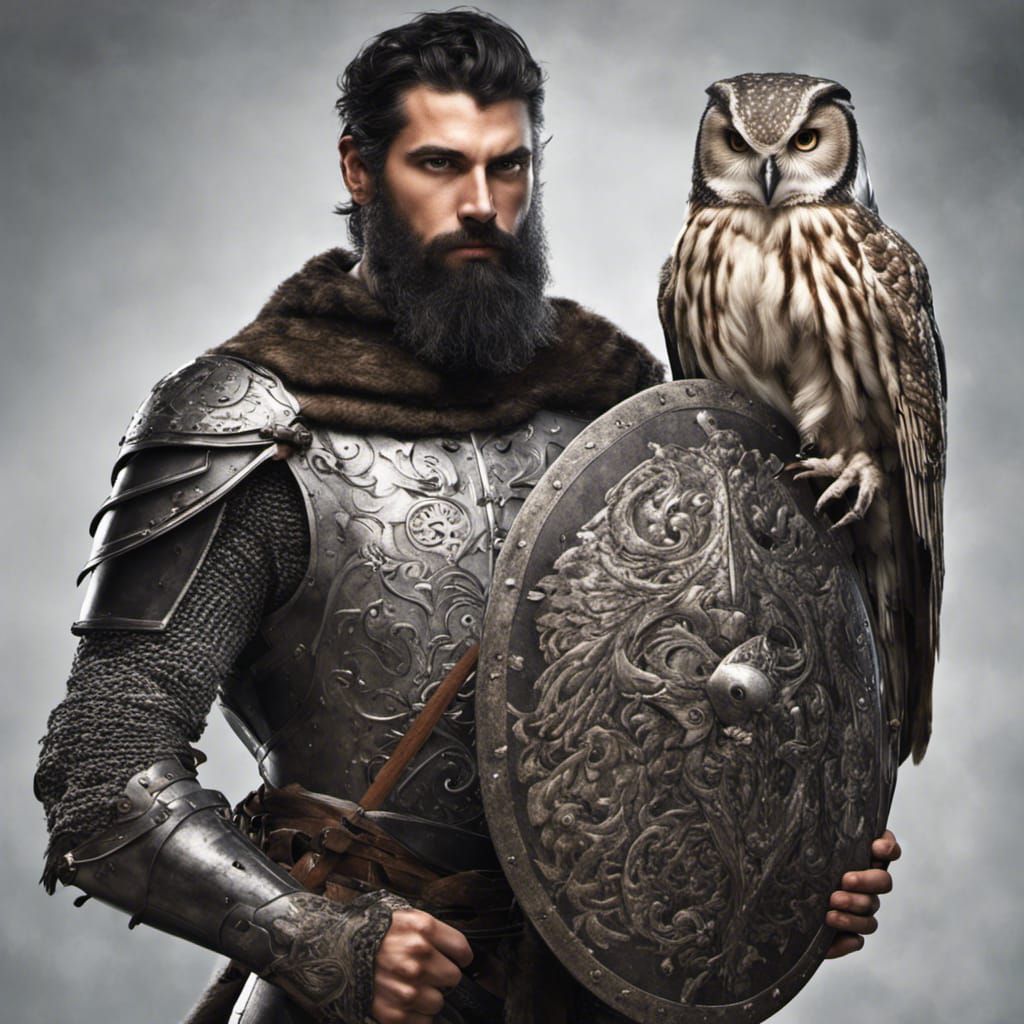 Medieval Knight with Owl, Hyperrealistic Portrait
