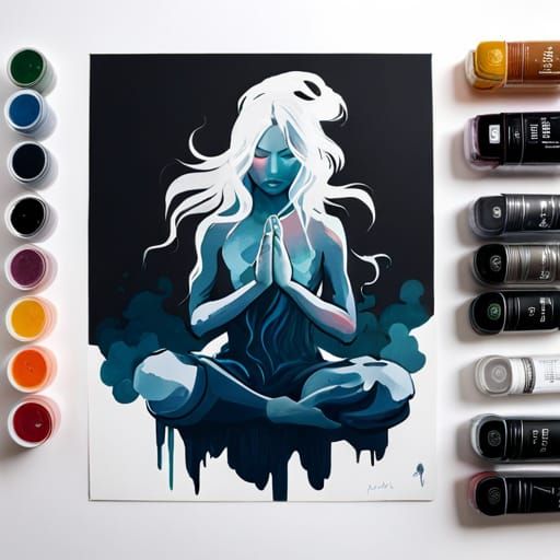 Meditating Girl with Fluid Apparition in Watercolor Style