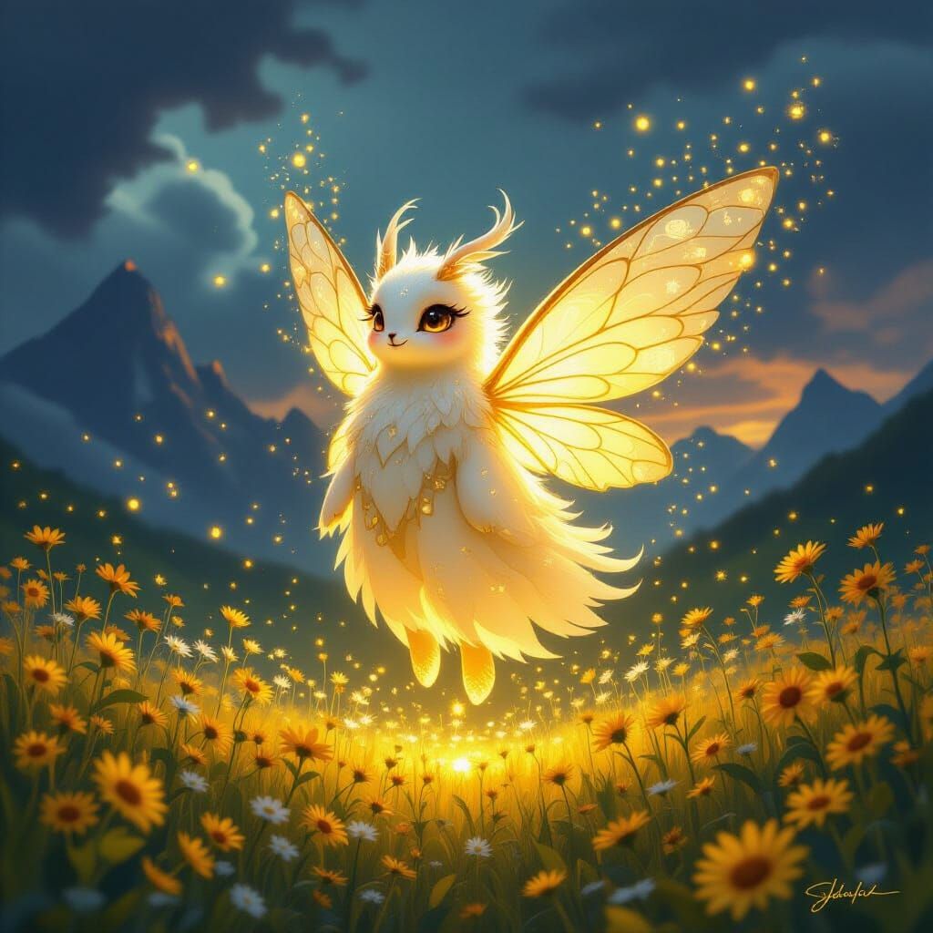 Surreal Glowing Creature in Meadow: Fantasy Art