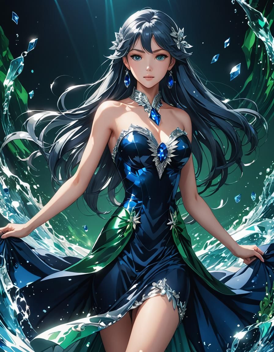 Sapphire and Emerald Dress: Cel-Shaded Anime Art