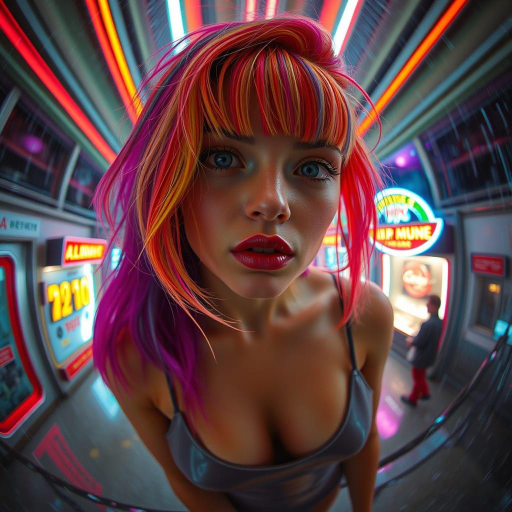 Pin-Up Woman in Latex on Rainy Psychedelic Street
