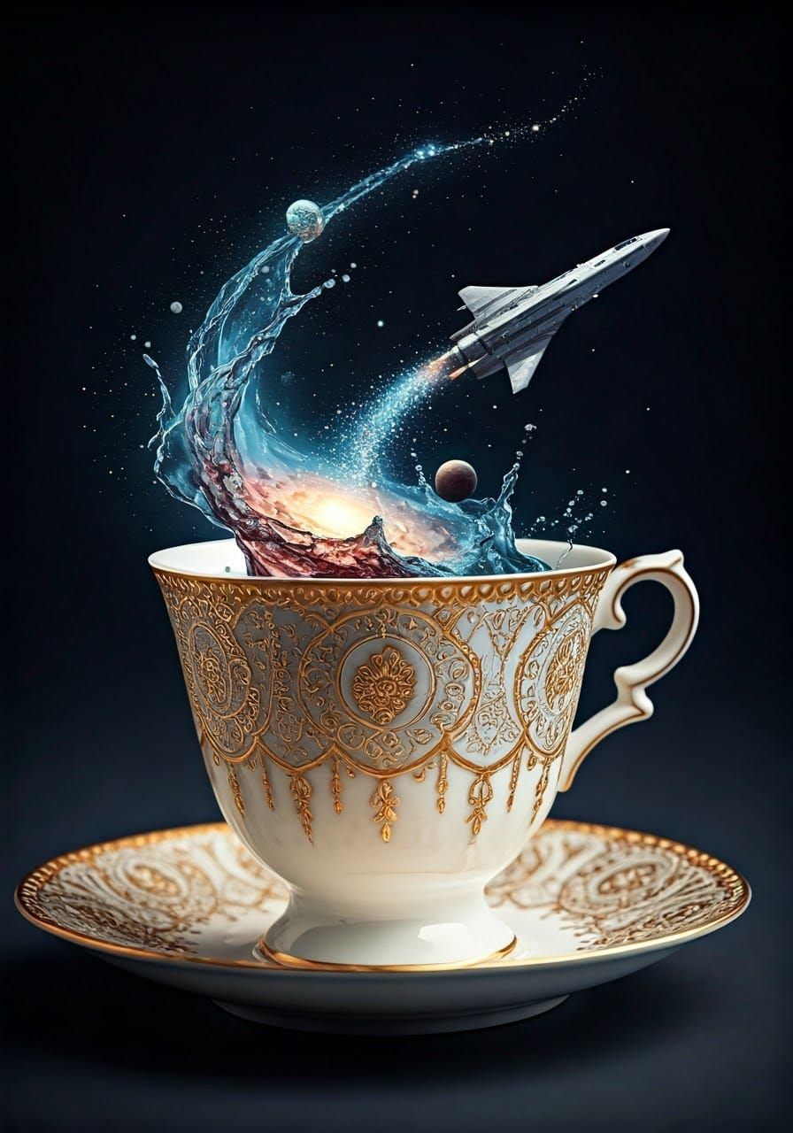 Teacup Galaxy with Spaceship in Dreamlike Style