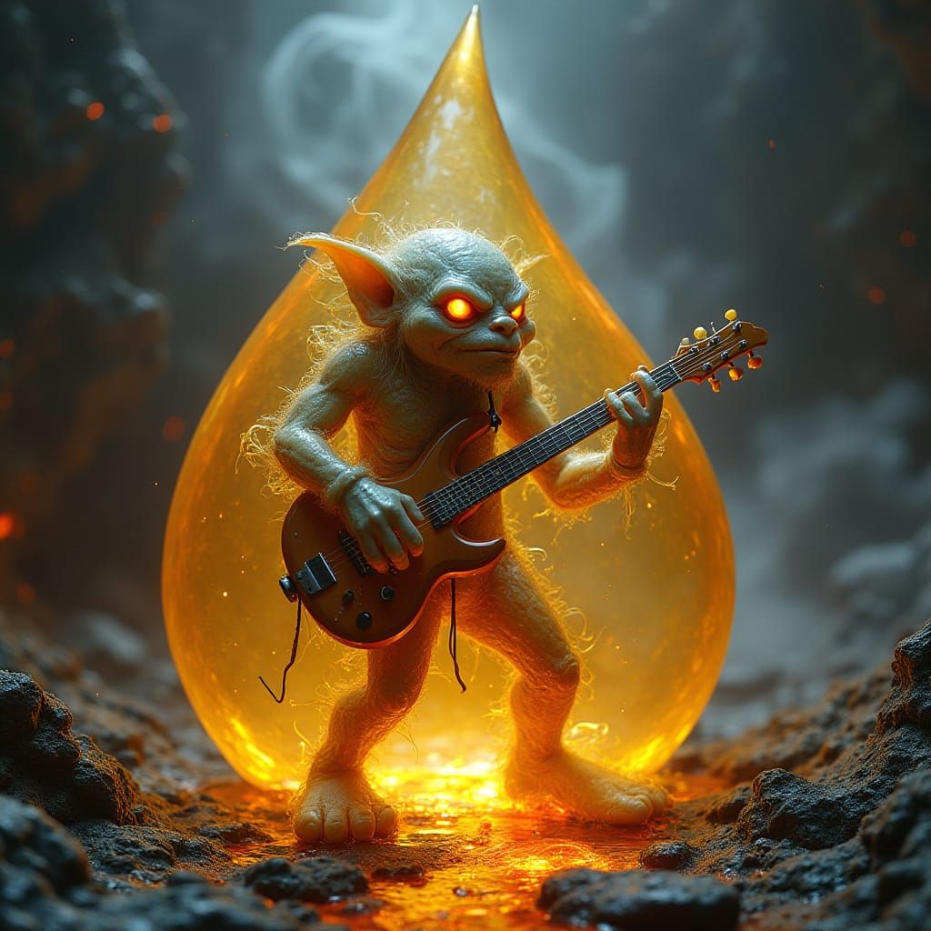 Surreal Amber Troll Guitarist in a Molten Canyon