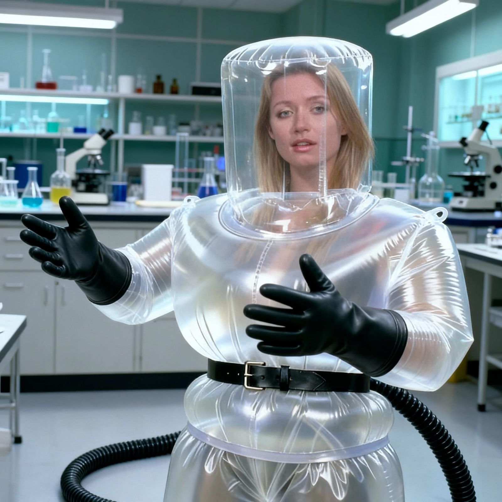 Woman in Hazmat Suit in 70s Lab