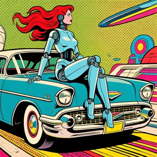 Robotic Woman on 1950s Car in Pop Art Comic Style