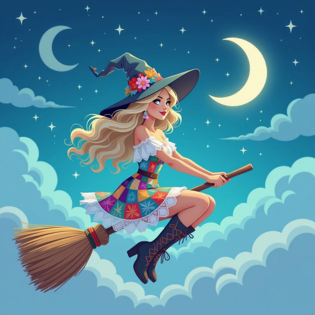 Boho Witch Riding Broom in Moonlit Sky