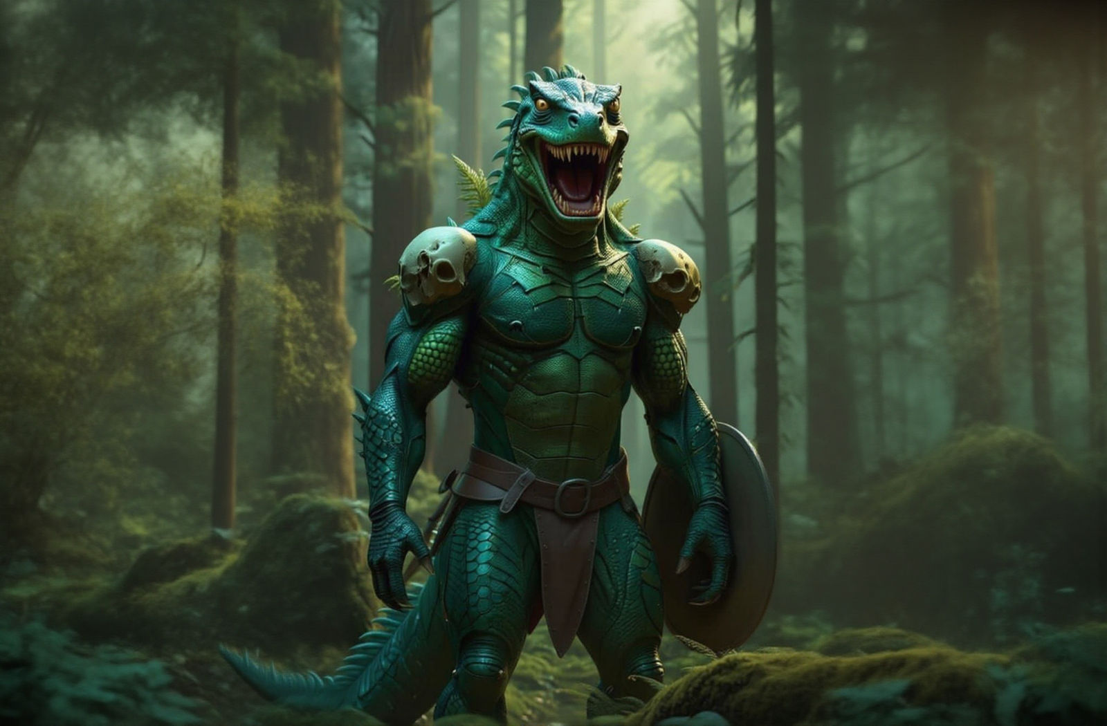 Green Reptile Humanoid in Coniferous Forest
