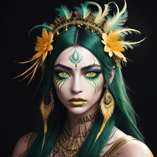 Woman with Gold Skin and Peacock Feather Hair