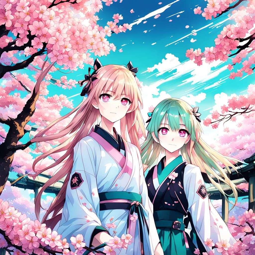 Anime Women Under Cherry Blossom Tree