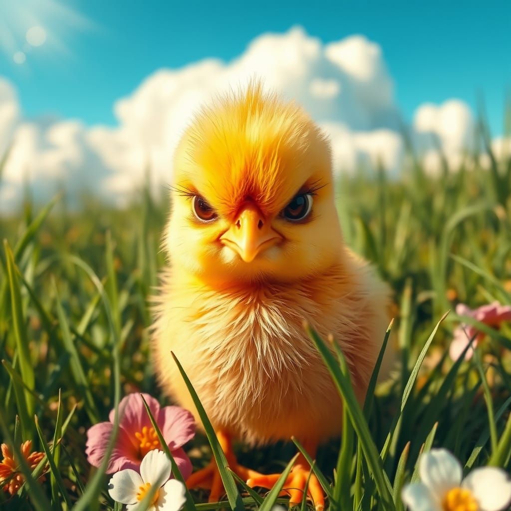 Chick with grumpy expressions, accompanied, surrounded by gr...