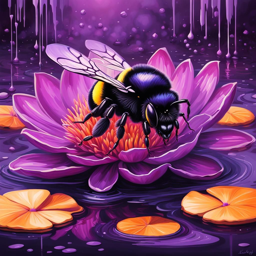 Purple Bumblebee on Lotus Flower in Graffiti Art