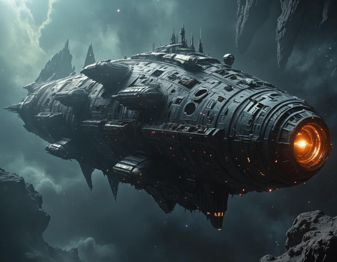Gothic Spaceship Among Stars in Hyperrealistic Style