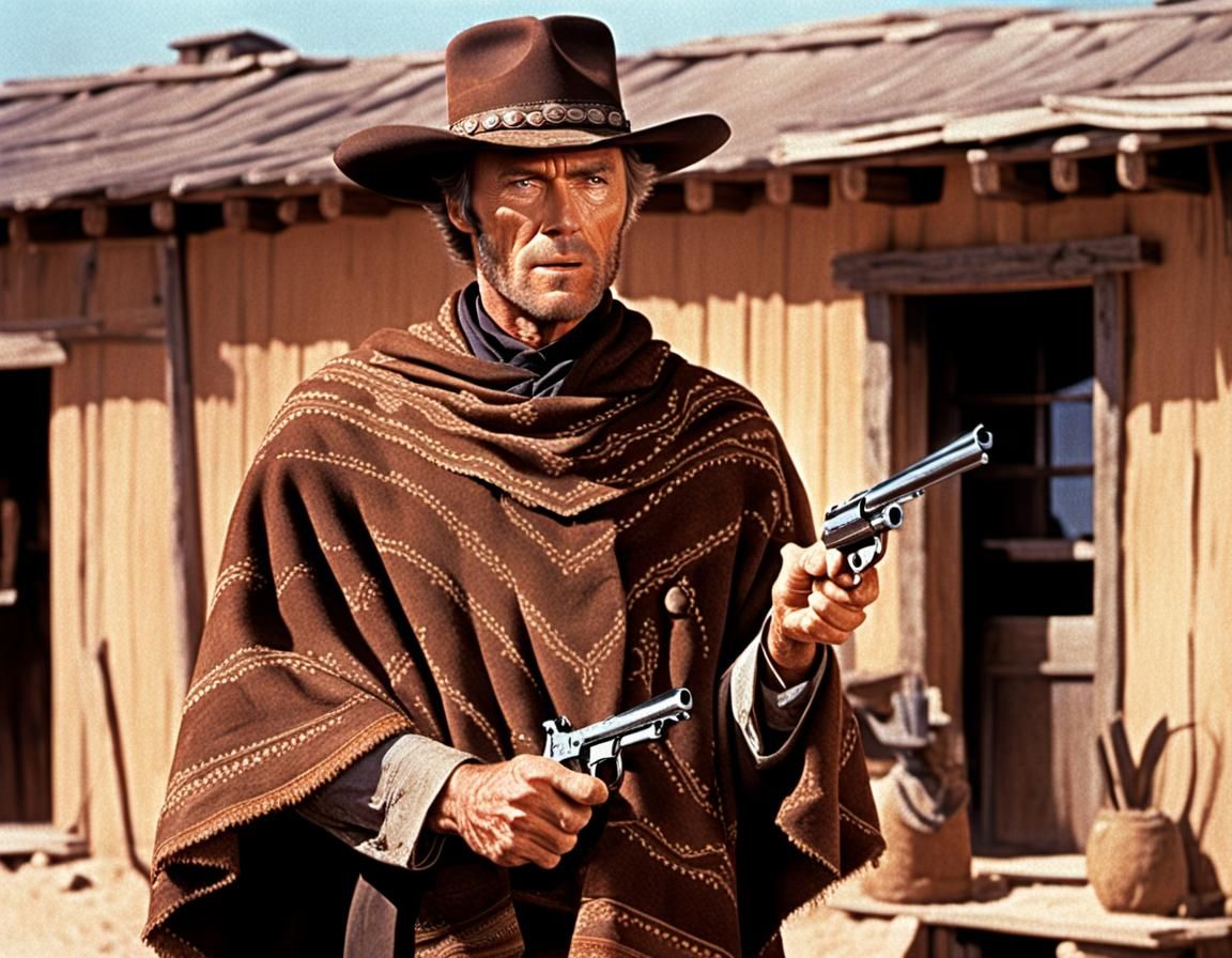 Clint Eastwood in "Fist Full of Dollars" Drawing His Pistols During a Shoot Out