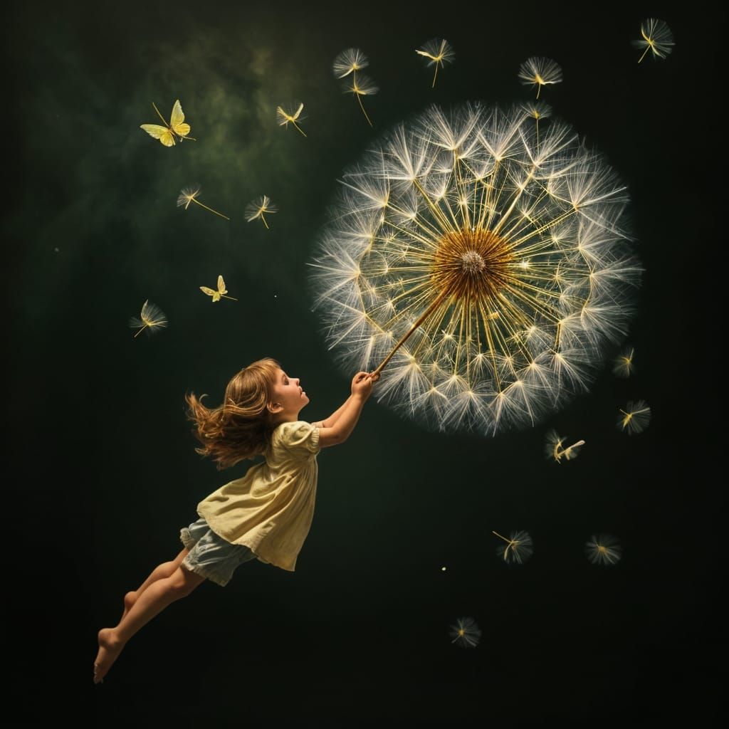 Whimsical Fairies Dance Around a Dandelion Seed in a Fantast...