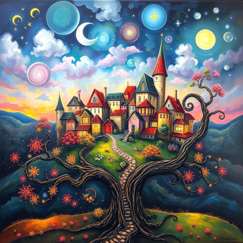 Magical Town on Uncanny Tree, Matte Oil Painting