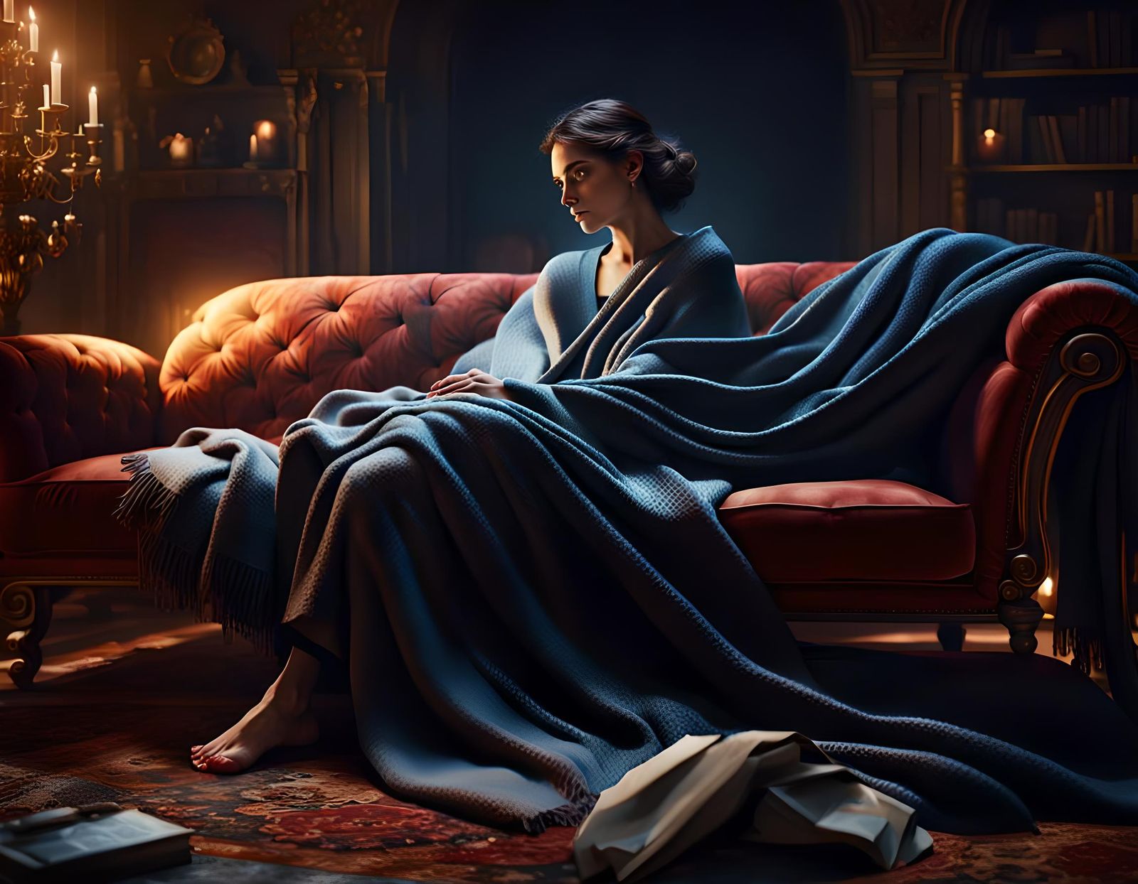 Romantic Darkness and Light Study of Woman on Sofa