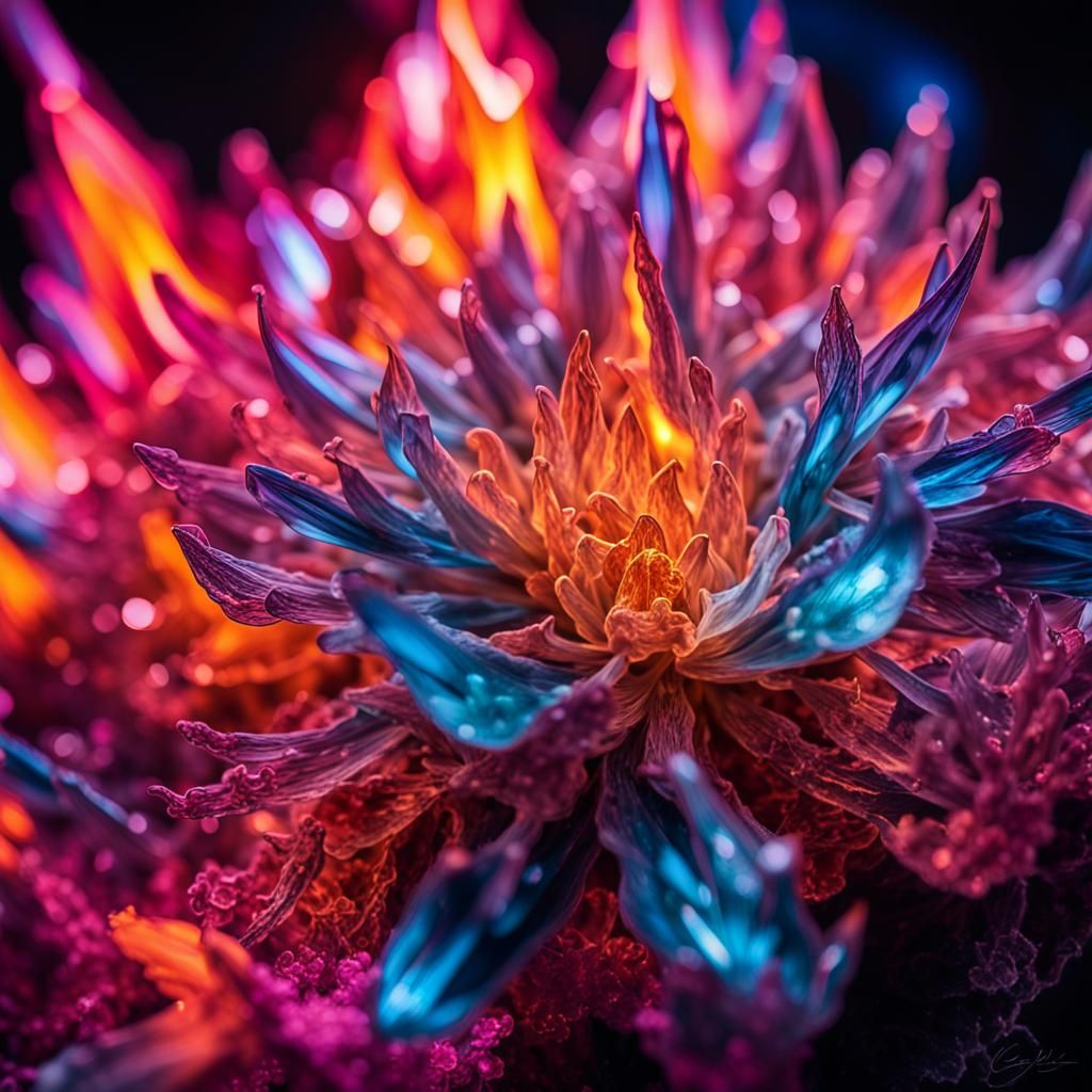 Surreal Fluorescent Crystals Blooming with Fire