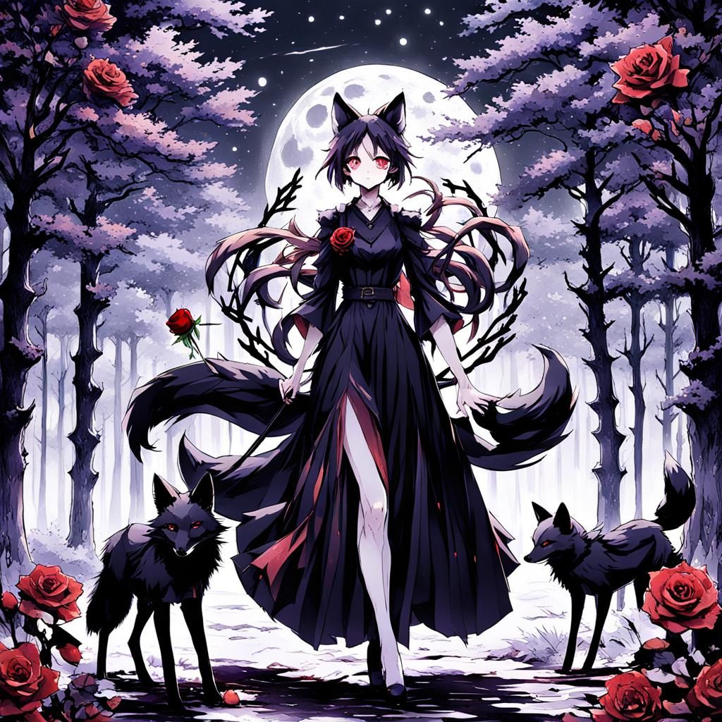 Anime Fox Girl in Dark Forest with Red Rose