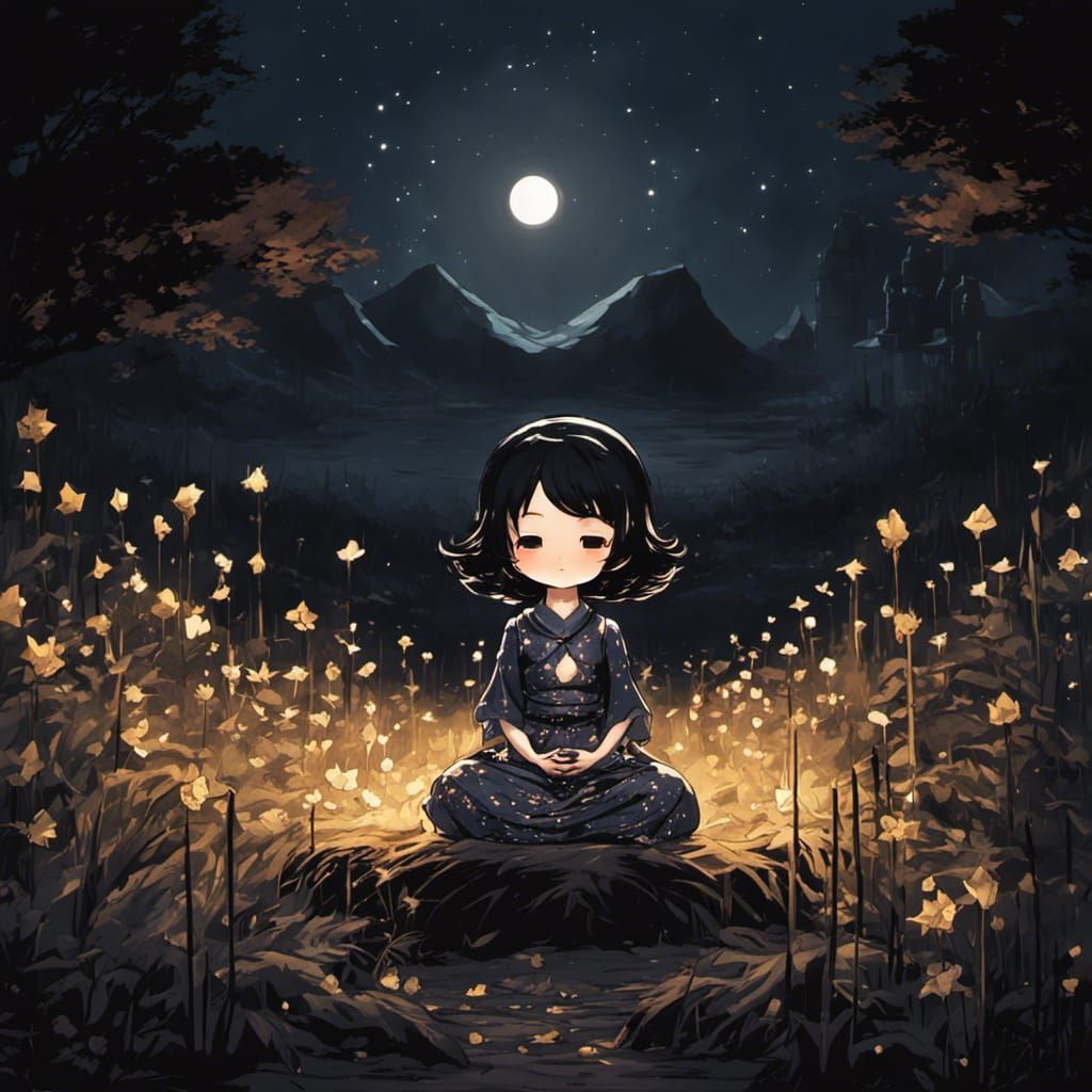 Chibi Girl Meditating in Starry Field at Night