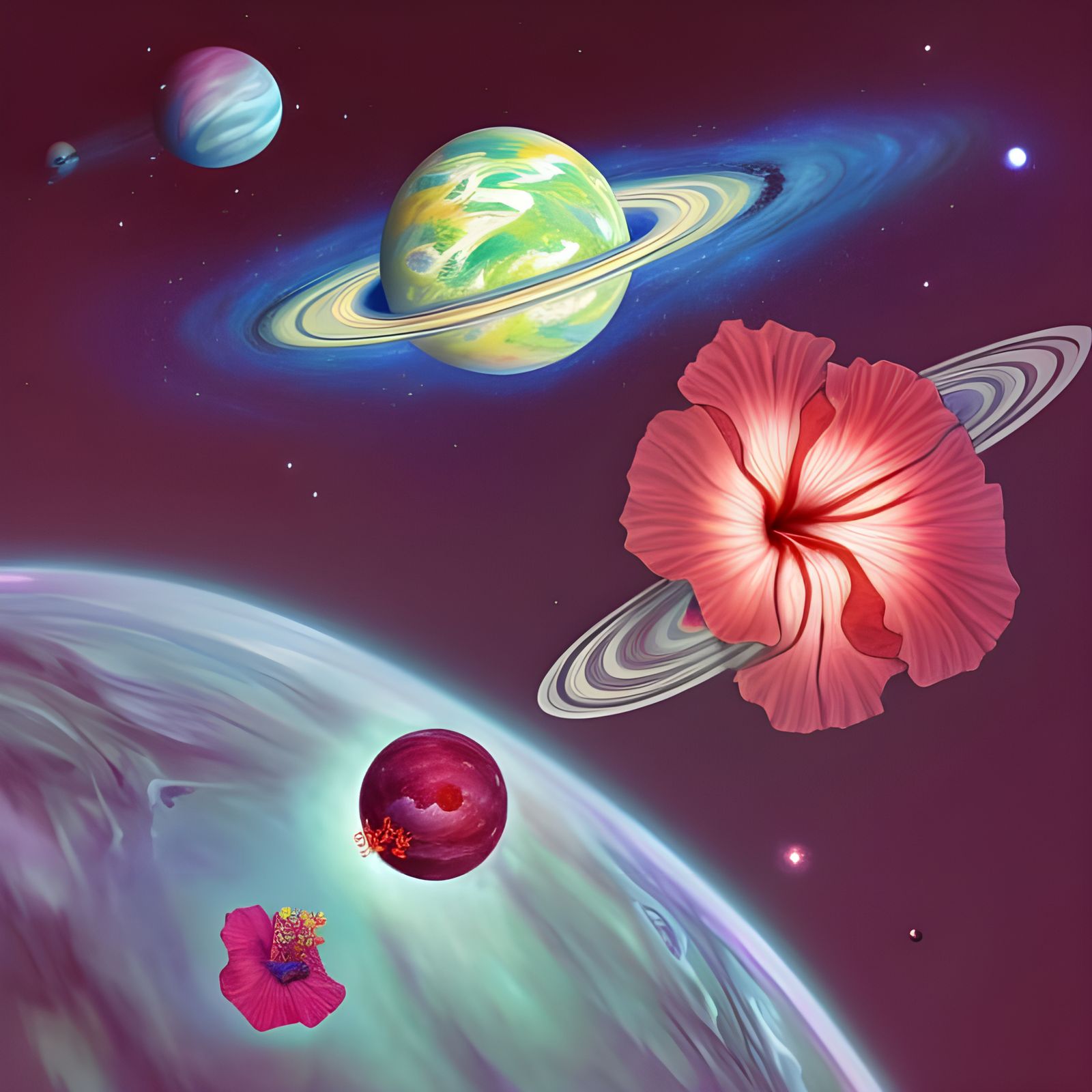 Hibiscus in Space: A Surreal Digital Illustration