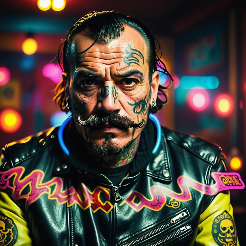 Grizzled Biker Portrait in Neo-Noir Style