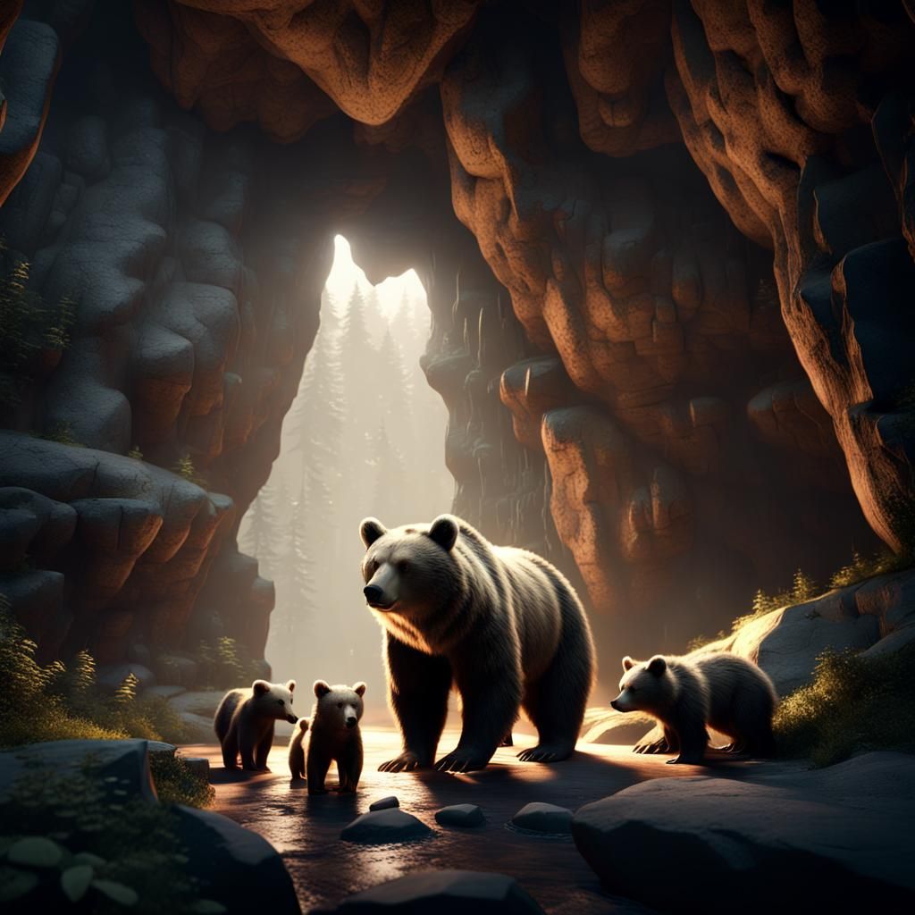 Bear and Cubs in Deep Cave: 3D Game Cinematic