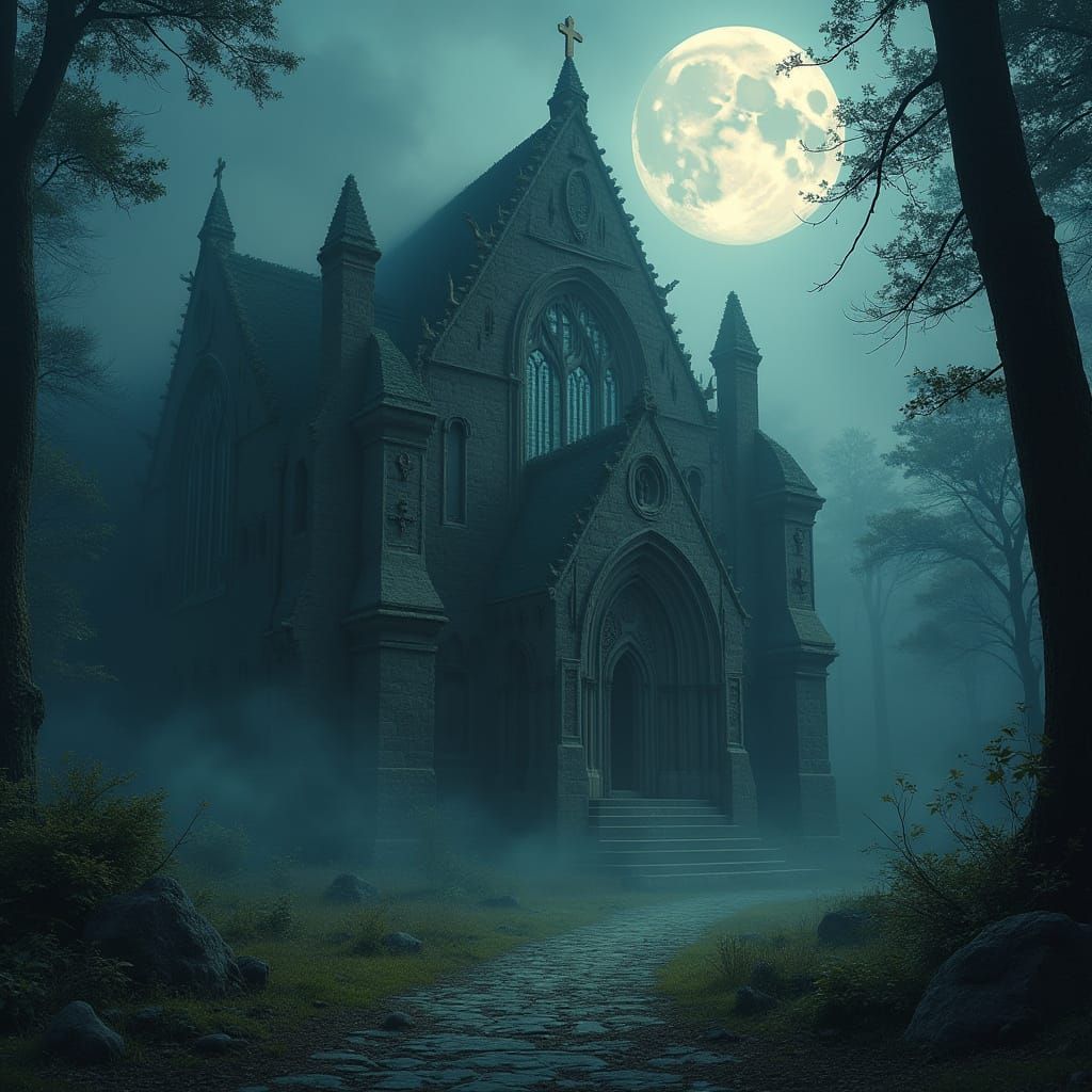 Mysterious Cathedral in Misty Forest: Matte Painting