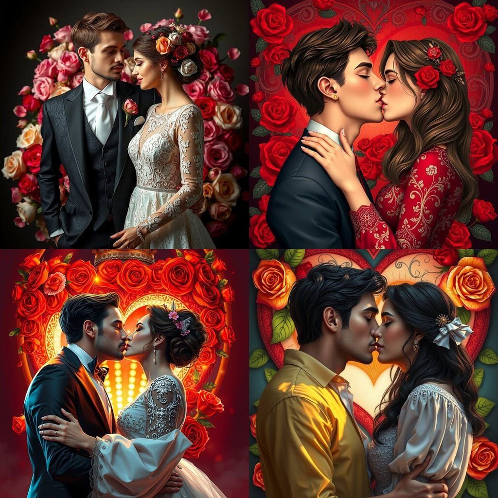 Romantic Couple Kissing in a Heart-Shaped Paradise