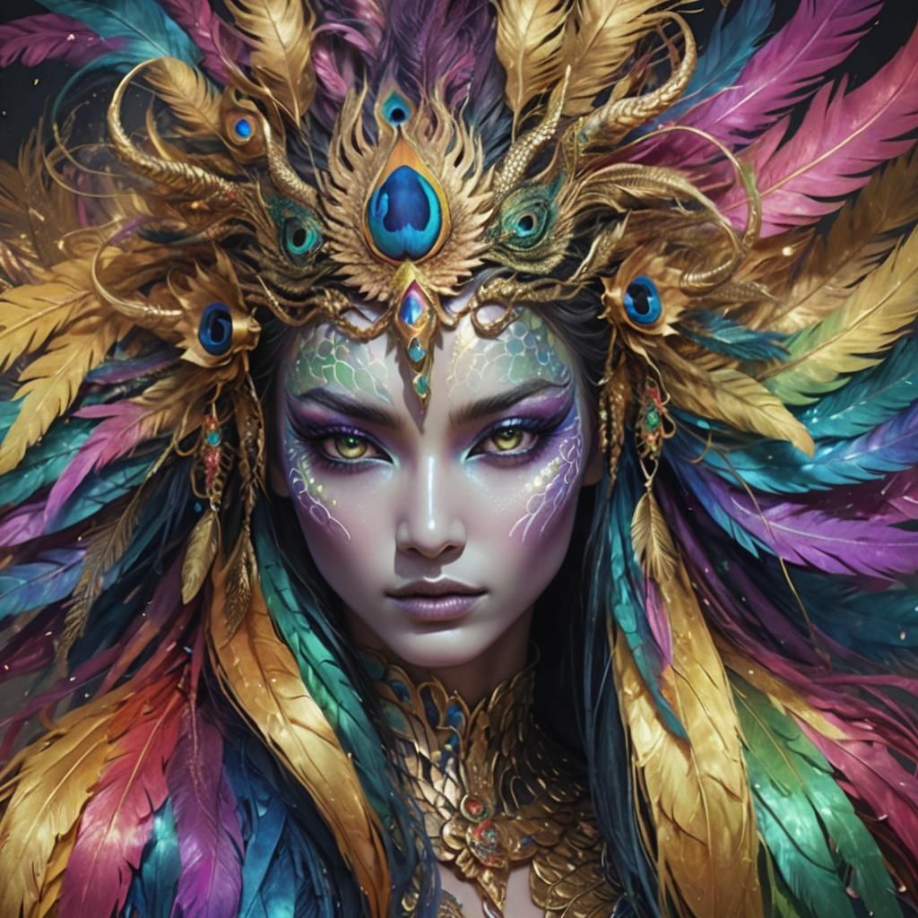 Rainbow Dragon Woman with Peacock Hair, Comic Art