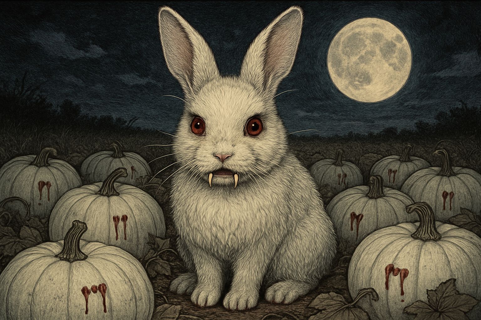 Vampire Bunny Among Fang-Marked Pumpkins at Night