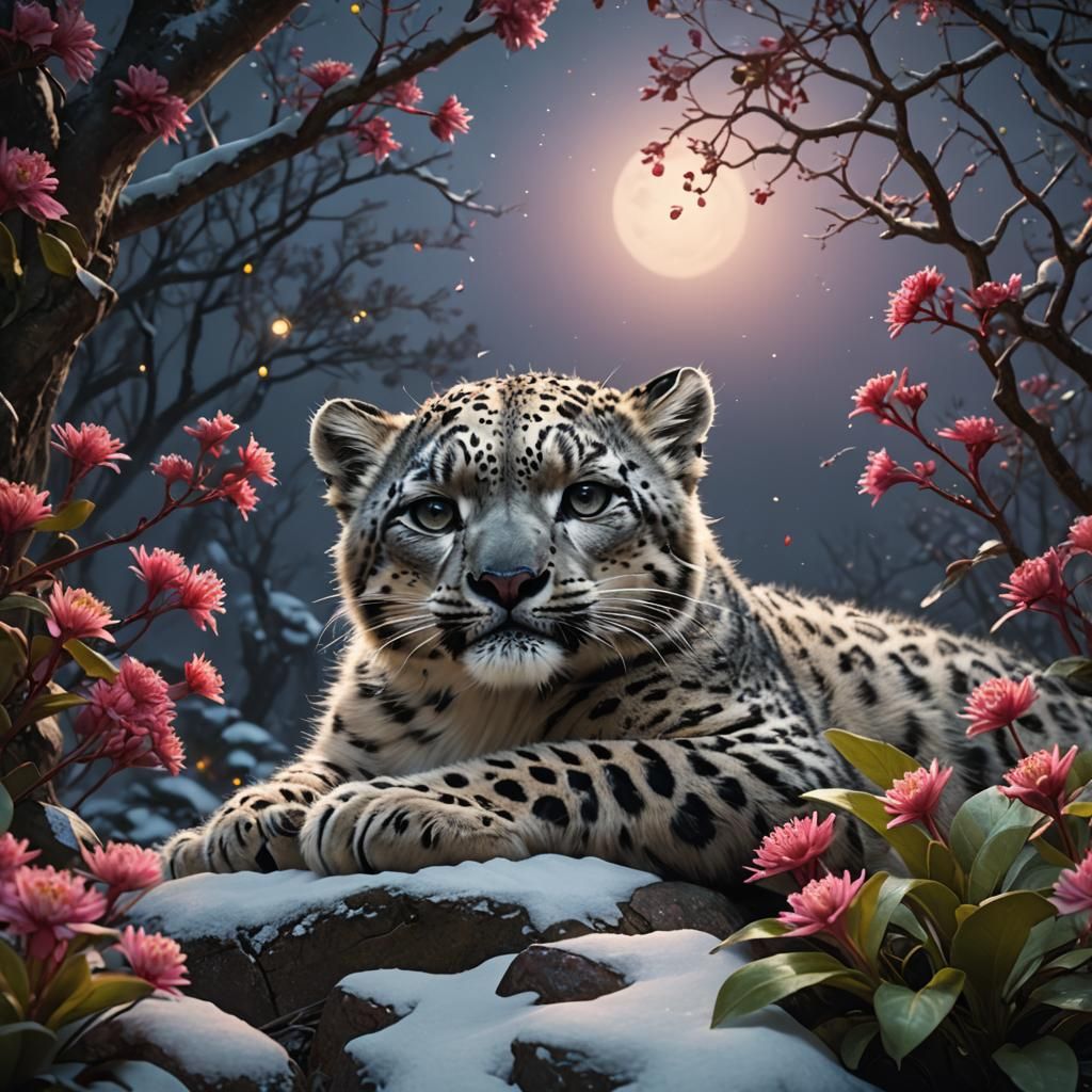 Baby Snow Leopard Asleep in Moonlit Snow, Matte Painting