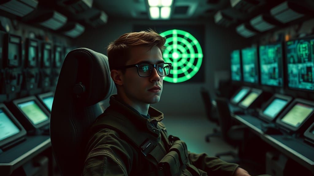 Soldier in High-Tech Airport Command Center