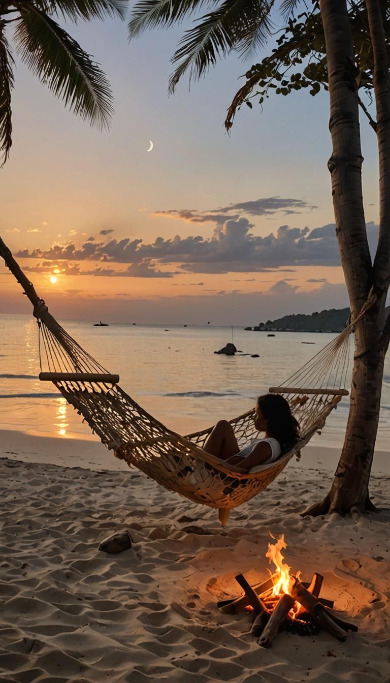 Secluded Beach Paradise with Hammock and Fire