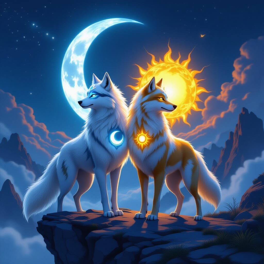 Moon Wolf and Sun Wolf in Epic Fantasy Landscape