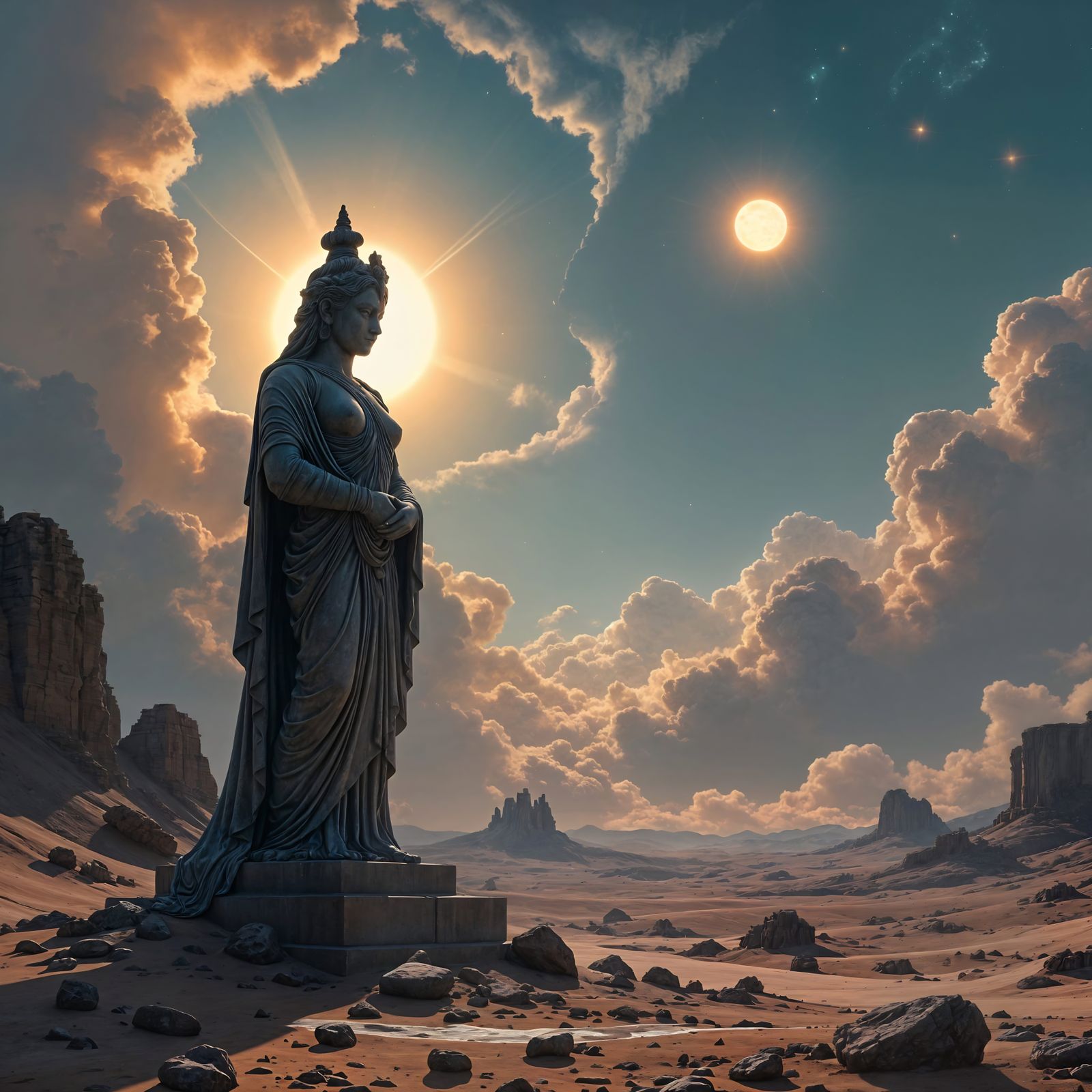 Ancient Deity Statue on Alien Planet Cinematic Shot