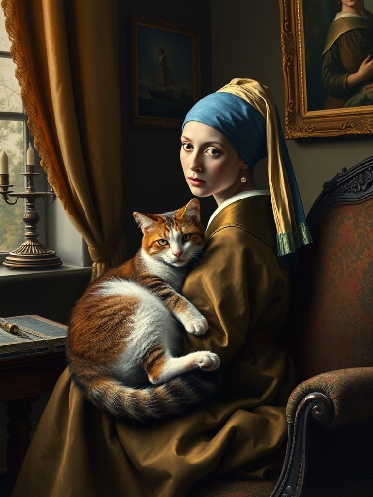 Girl with Pearl Earring and Cat in Vermeer Style
