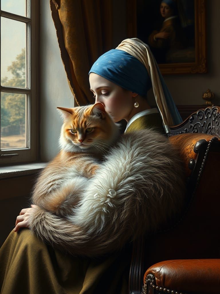 Girl with Pearl Earring and Cat in Vermeer Style