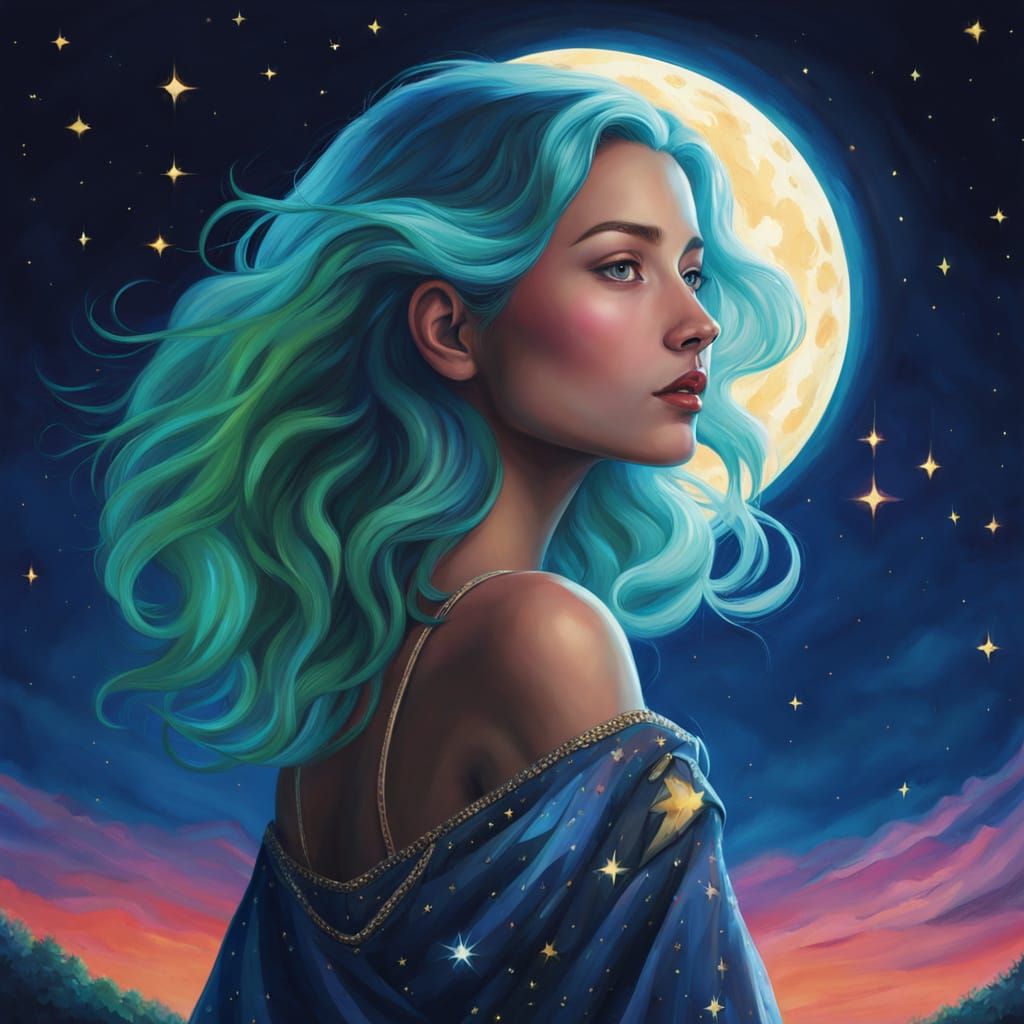Celestial Oil Painting of Woman with Starry Hair