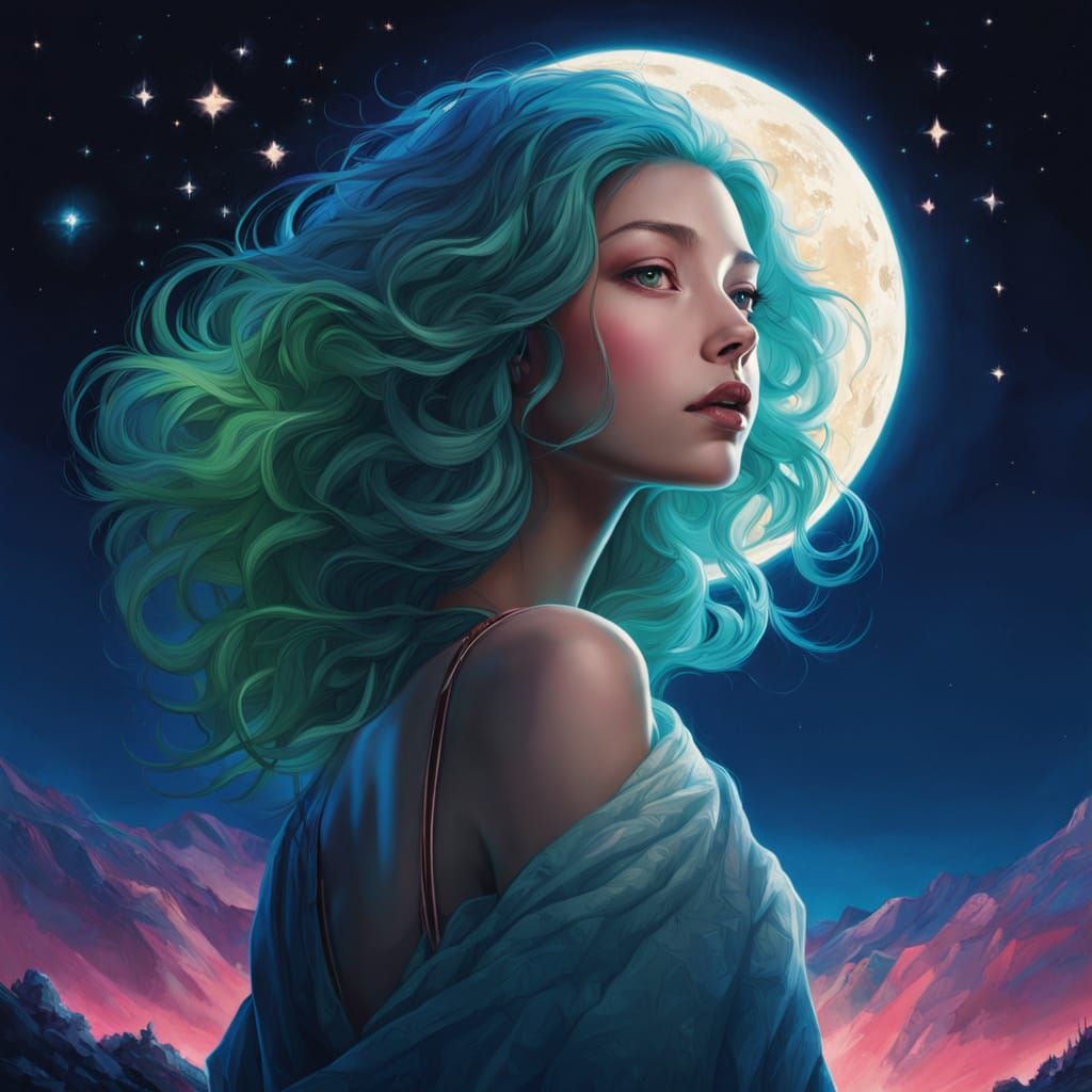 Neon Surrealism: Children Gaze at Twinkling Stars