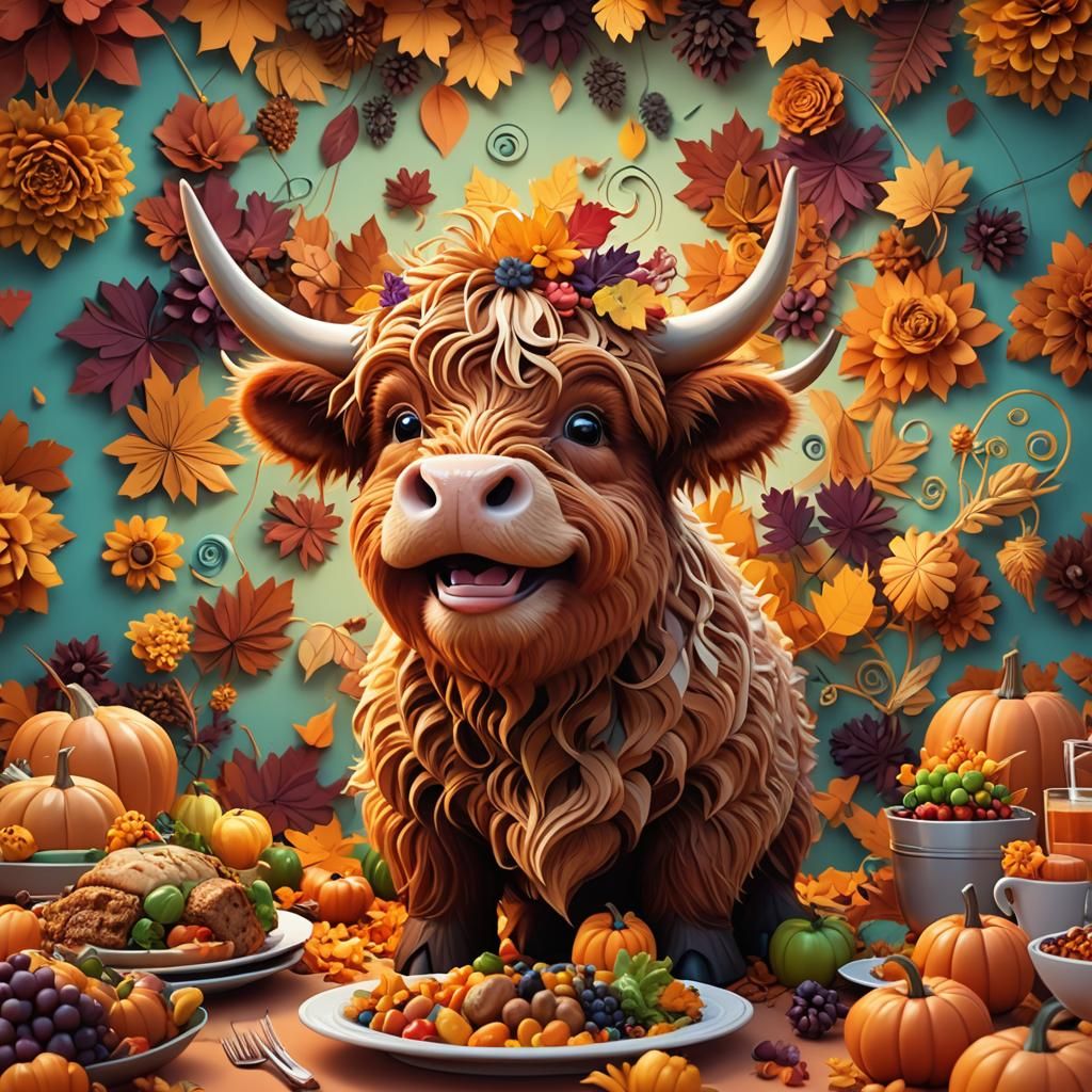 Happy Highland Cow Thanksgiving Dinner: Pixar Style