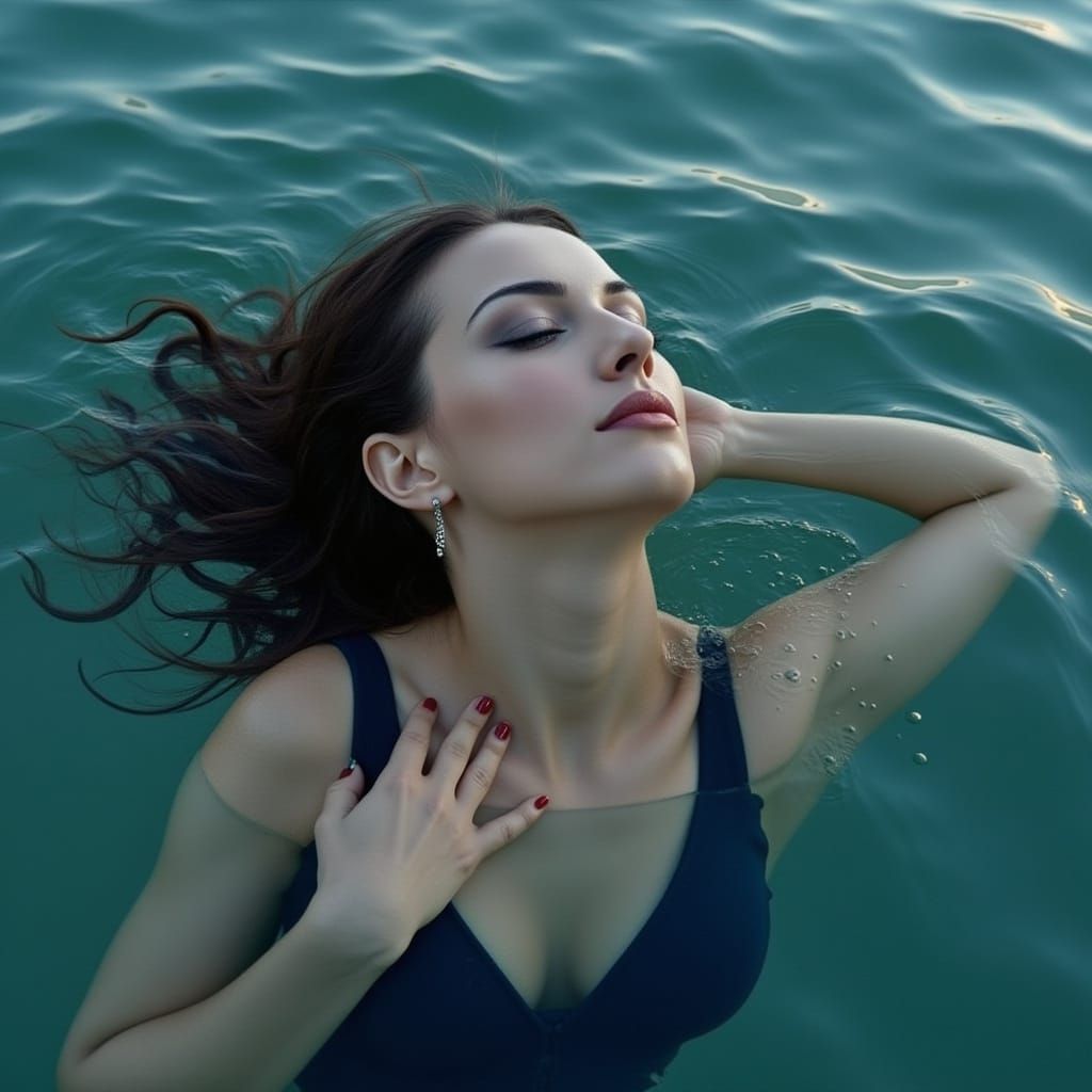 Woman Gazing at Water's Edge in a Wide-Angle Shot