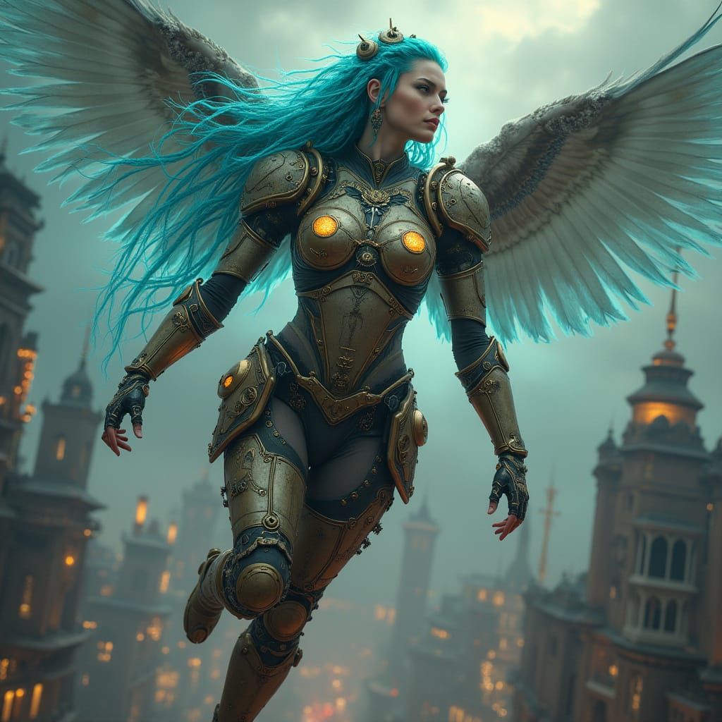 Dieselpunk Valkyrie Soaring Over Art-Nouveau Metropolis