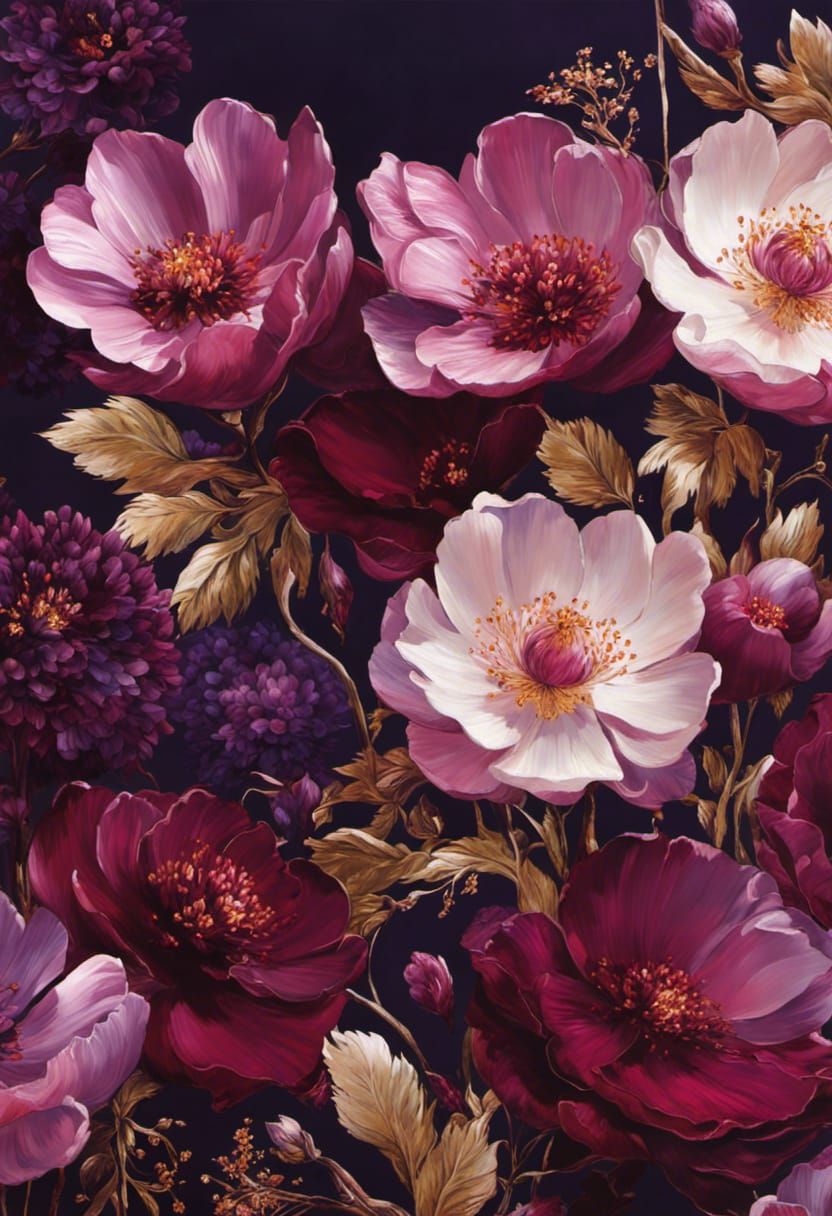 Intricate Deep Plum Floral Wallpaper in Maximalist Style