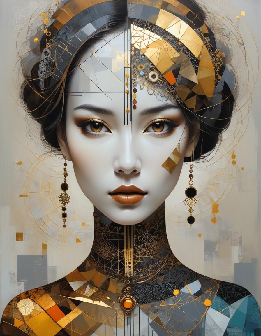 By Richard Burlet, Eva LeWitt, George Grie, Duy Huynh :: geometric minimalist portrait of a girl :: metallic ornamentati...