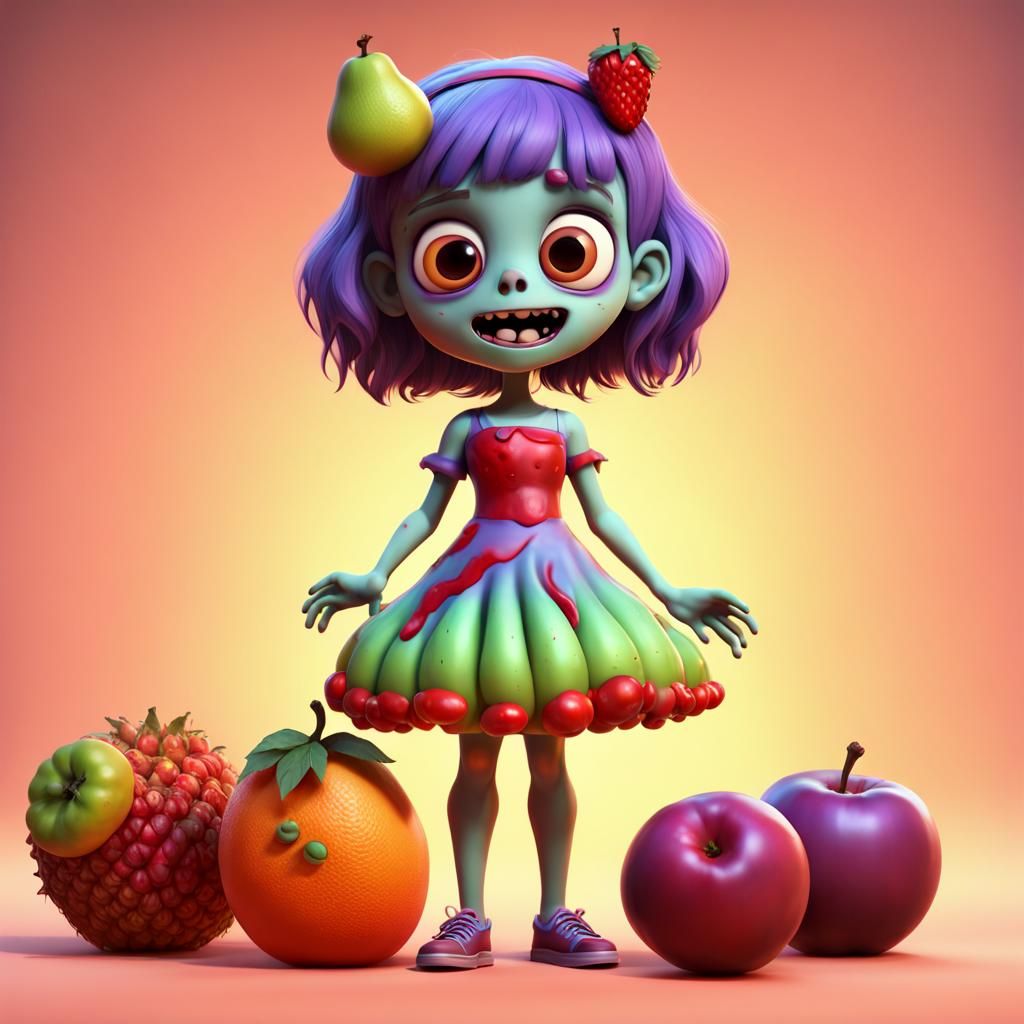 Cute Zombie Girl in Fruit Dress: 3D Digital Art