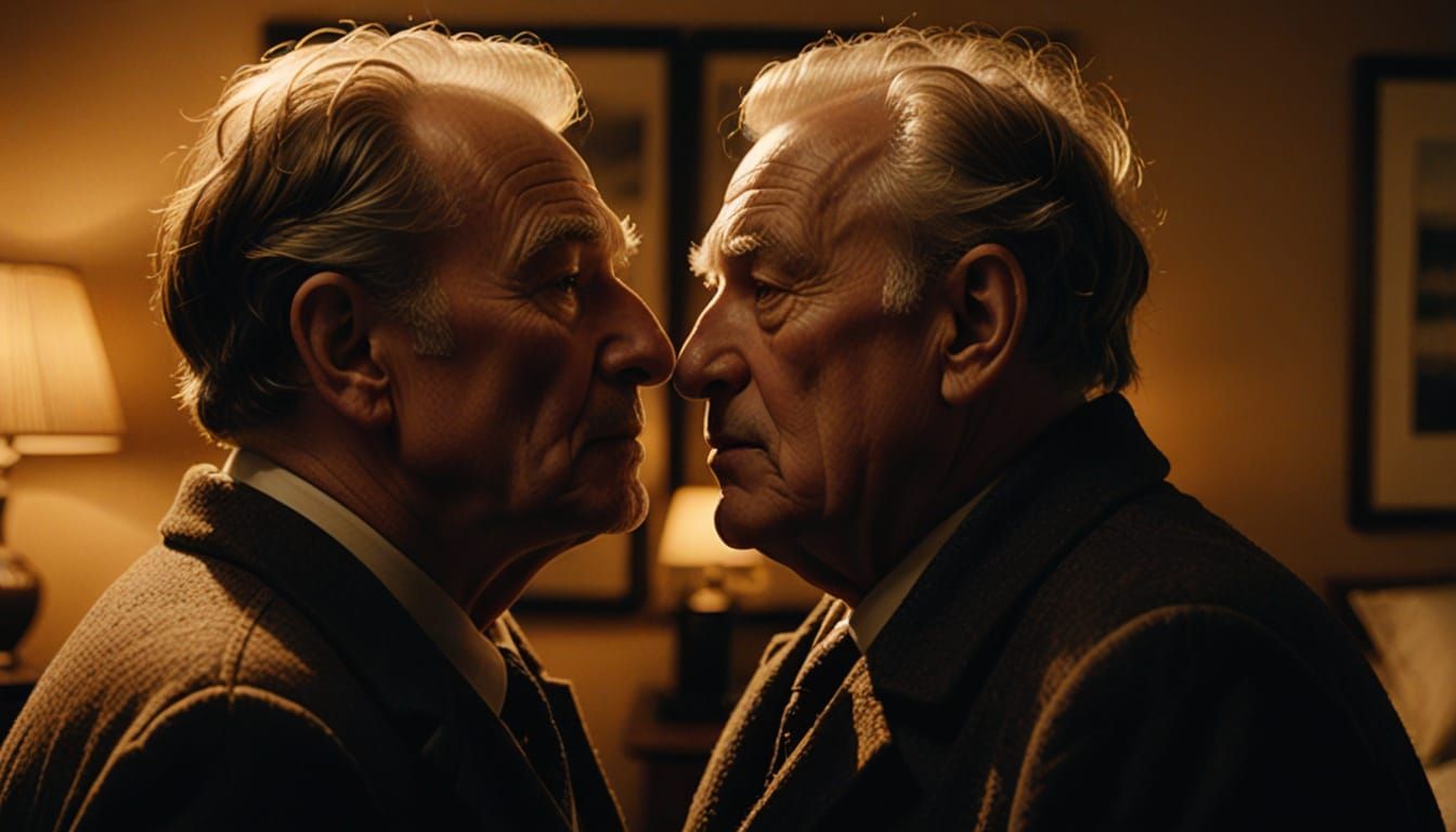 Cinematic Film Still: Two Older Men Kissing