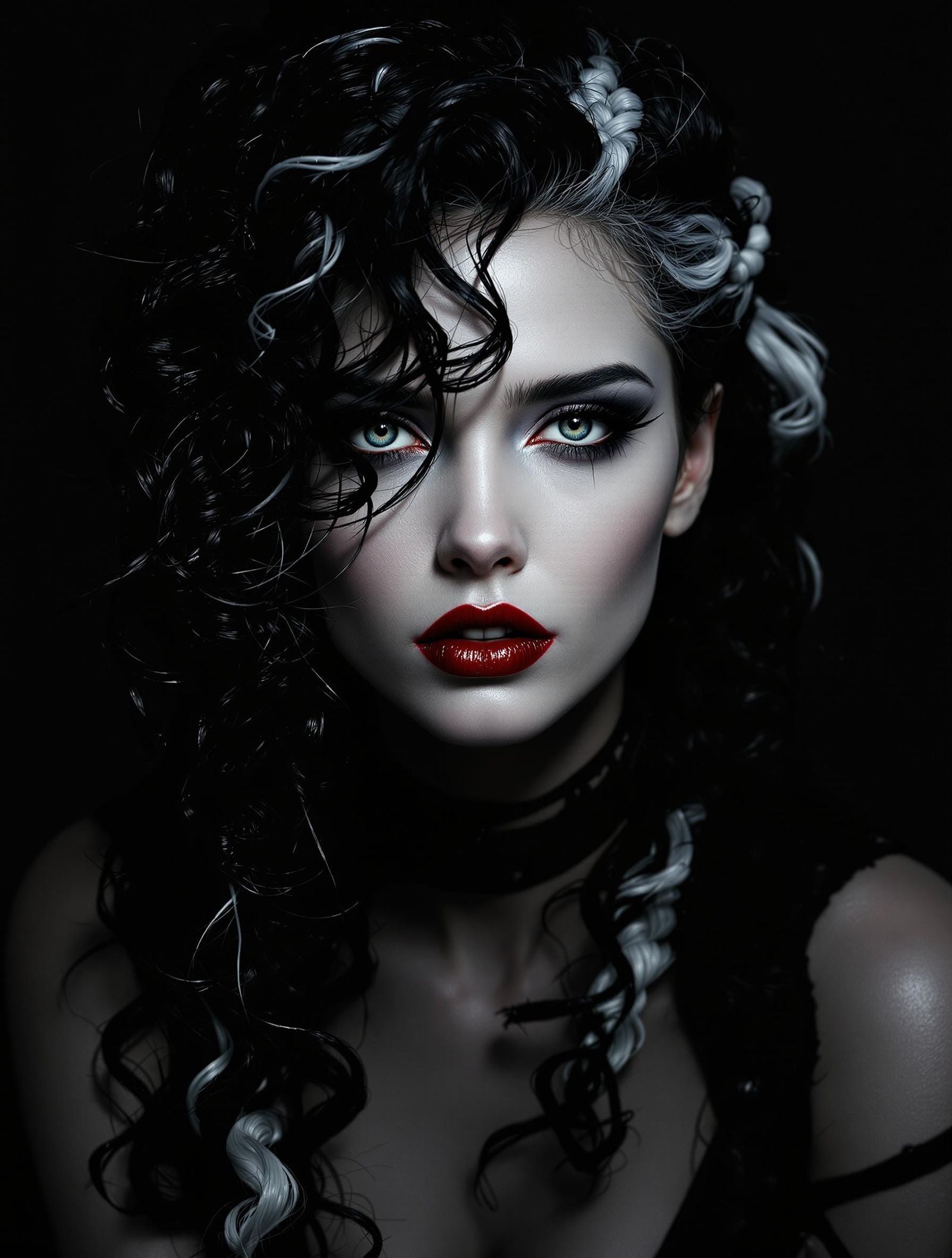 Ethereal Gothic Goddess with Dark, Dramatic Makeup and Tight...